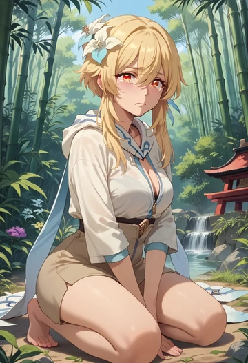 genshin impact,lumine_(genshin_impact),crop hoodie,shorts  - AI generated anime art