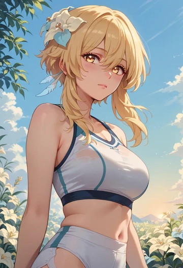 genshin impact,lumine_(genshin_impact),tankini top,board shorts  - AI generated anime art