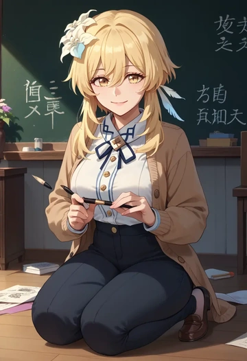 genshin impact,lumine_(genshin_impact),teacher, sweater  - AI generated anime art