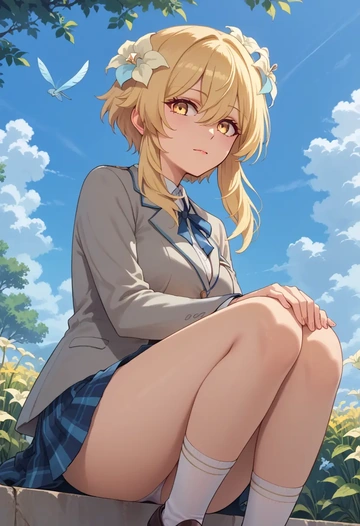 genshin impact,lumine_(genshin_impact),spring,student uniform,blazer  - AI generated anime art