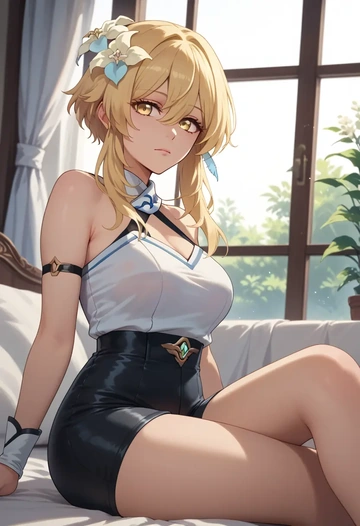 genshin impact,lumine_(genshin_impact),leather,shorts  - AI generated anime art