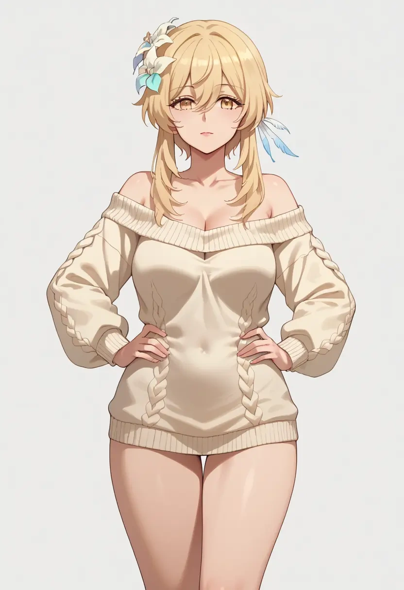 genshin impact,lumine_(genshin_impact),Hands on hips,off-shoulder,sweater  - 