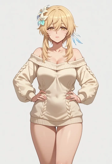 genshin impact,lumine_(genshin_impact),Hands on hips,off-shoulder,sweater  - AI generated anime art