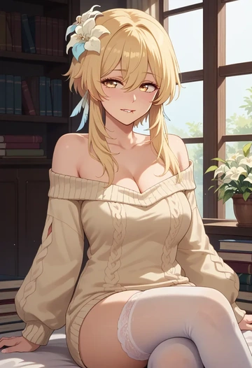 genshin impact,lumine_(genshin_impact),Biting lip,off-shoulder,sweater,stockings  - AI generated anime art