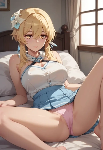 genshin impact,lumine_(genshin_impact),mini skirt,panties,spread legs,one leg up,sexy  - AI generated anime art