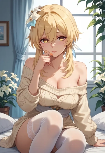 genshin impact,lumine_(genshin_impact),cross-legged,Head resting on hand,off-shoulder,sweater  - AI generated anime art