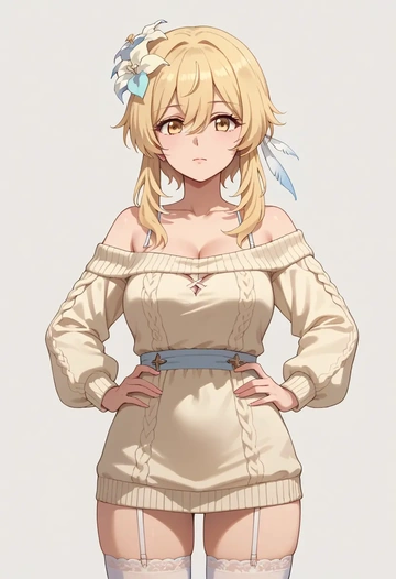 genshin impact,lumine_(genshin_impact),Hands on hips,off-shoulder,sweater,stockings  - AI generated anime art