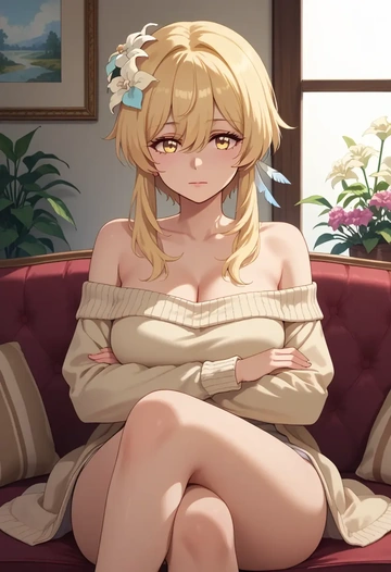 genshin impact,lumine_(genshin_impact),arms crossed,off-shoulder,sweater,cross-legged  - AI generated anime art