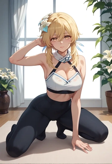 genshin impact,lumine_(genshin_impact),leggings,yoga  - AI generated anime art