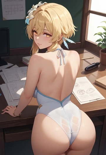 genshin impact,lumine_(genshin_impact),swimsuit,back, ass  - AI generated anime art