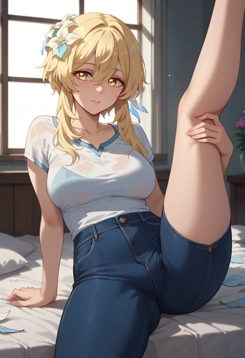 genshin impact,lumine_(genshin_impact),jeans shorts,spread legs,one leg up,sexy  - 