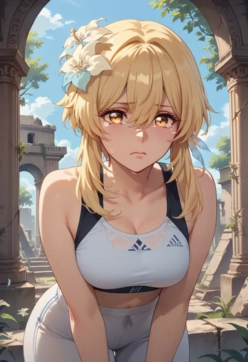 genshin impact,lumine_(genshin_impact),sports bra,wide-leg joggers  - AI generated anime art