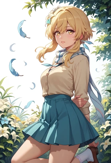 genshin impact,lumine_(genshin_impact),spring,student uniform,light cardigan  - AI generated anime art