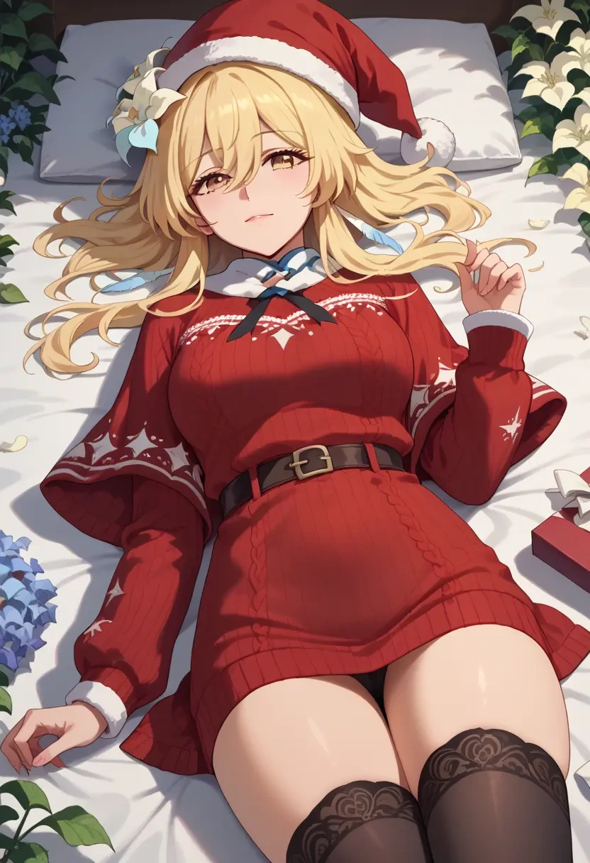 genshin impact,lumine_(genshin_impact),Christmas,sweater dress,stockings  - 