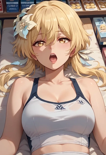 genshin impact,lumine_(genshin_impact),tankini top,board shorts  - AI generated anime art