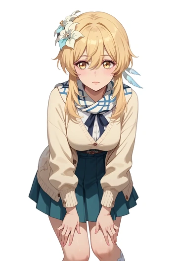 genshin impact,lumine_(genshin_impact),spring,student uniform,light cardigan  - AI generated anime art