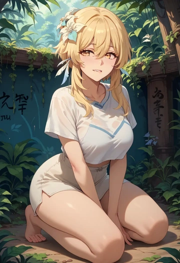 genshin impact,lumine_(genshin_impact),crop graffiti tee,dolphin shorts  - AI generated anime art