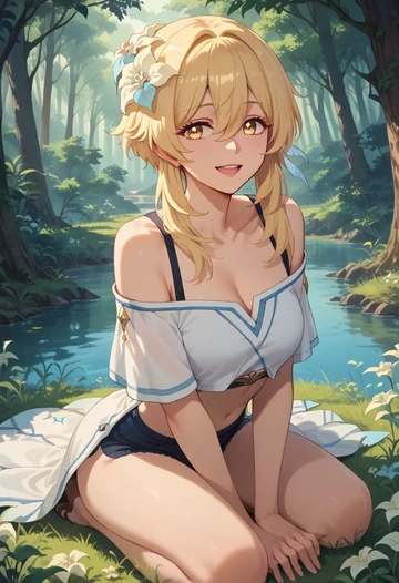 genshin impact,lumine_(genshin_impact),off-shoulder top,dolphin shorts  - AI generated anime art