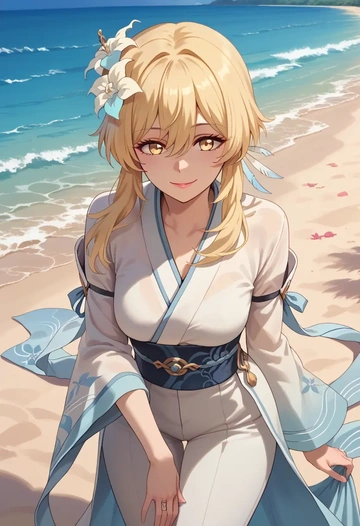 genshin impact,lumine_(genshin_impact),kimono,silk,wide-leg trousers  - AI generated anime art