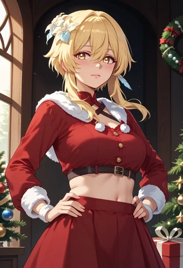 genshin impact,lumine_(genshin_impact),Christmas,skirt  - AI generated anime art