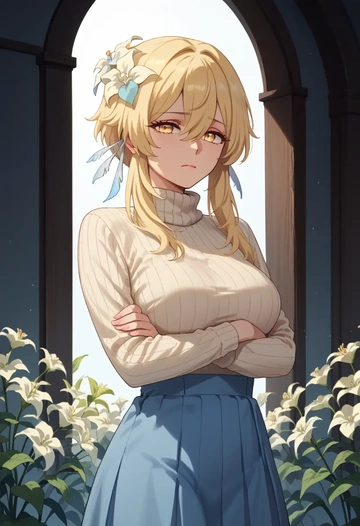 genshin impact,lumine_(genshin_impact),skirt,pleated,turtleneck sweater  - AI generated anime art