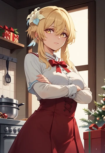 genshin impact,lumine_(genshin_impact),Christmas,skirt  - AI generated anime art