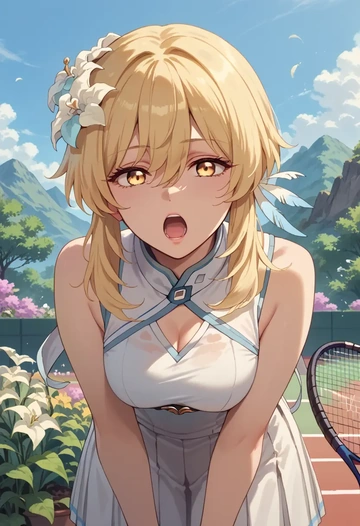 genshin impact,lumine_(genshin_impact),tennis dress,visor,trainers  - AI generated anime art