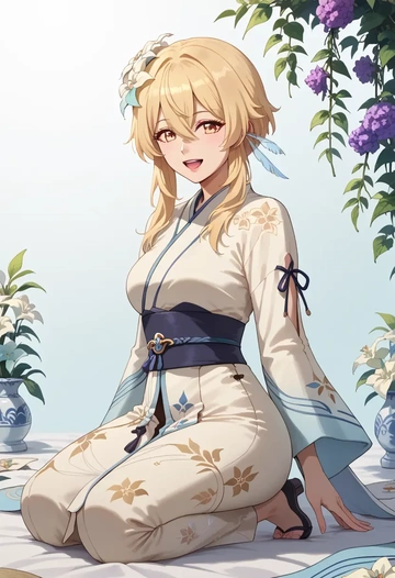 genshin impact,lumine_(genshin_impact),kimono,silk,wide-leg trousers  - AI generated anime art