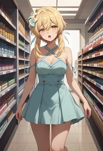 genshin impact,lumine_(genshin_impact),silk slip dress,polka dots  - AI generated anime art