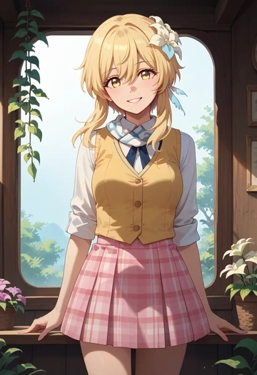 genshin impact,lumine_(genshin_impact),spring,student uniform,vest  - AI generated anime art