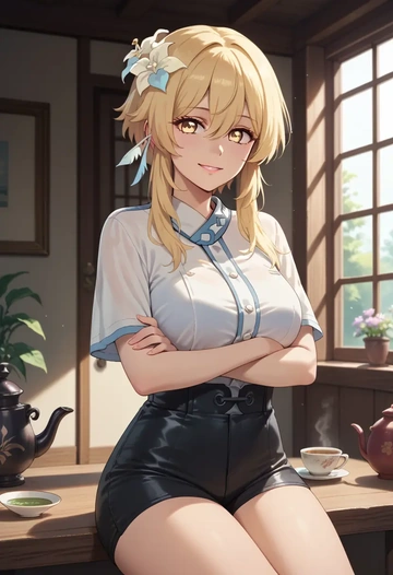 genshin impact,lumine_(genshin_impact),leather,shorts  - AI generated anime art