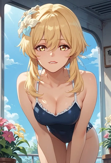 genshin impact,lumine_(genshin_impact),retro style swimsuit,frilled neckline,bow detail  - AI generated anime art