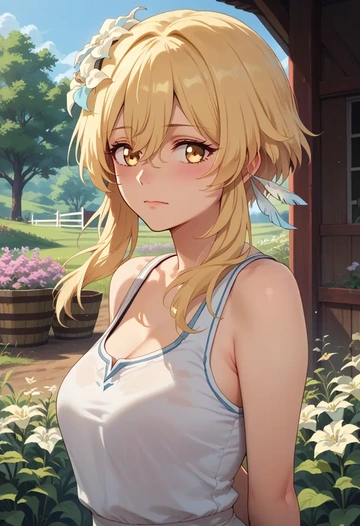 genshin impact,lumine_(genshin_impact),tank top,drawstring pants  - AI generated anime art