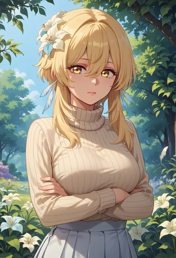 genshin impact,lumine_(genshin_impact),skirt,pleated,turtleneck sweater  - AI generated anime art