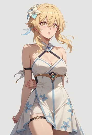 genshin impact,lumine_(genshin_impact),silk slip dress,floral prints  - AI generated anime art