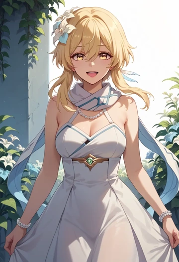 genshin impact,lumine_(genshin_impact),spring,elegant woman,wrap dress  - AI generated anime art