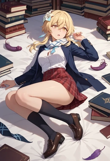 genshin impact,lumine_(genshin_impact),winter,student uniform,plaid skirt  - AI generated anime art