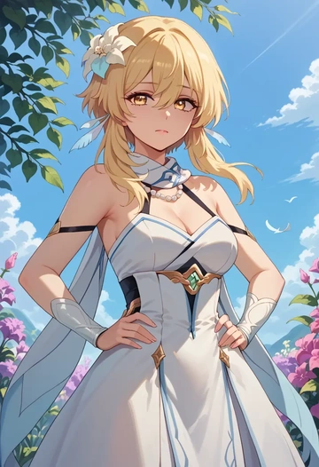 genshin impact,lumine_(genshin_impact),spring,elegant woman,wrap dress  - AI generated anime art