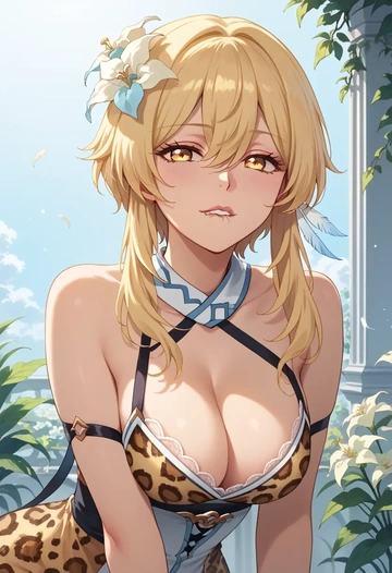 genshin impact,lumine_(genshin_impact),leopard print,silk slip dress  - AI generated anime art