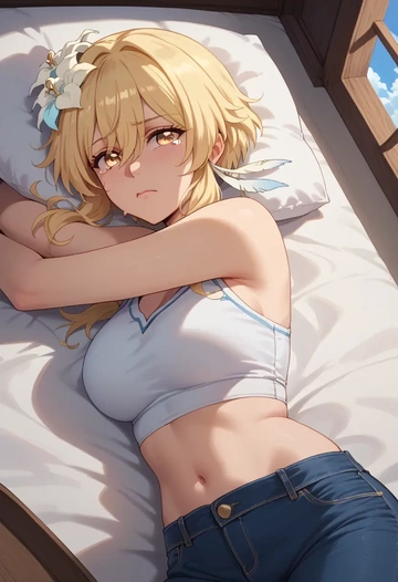 genshin impact,lumine_(genshin_impact),crop top  - AI generated anime art