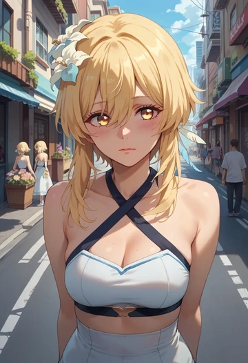 genshin impact,lumine_(genshin_impact),halter top,track pants  - AI generated anime art