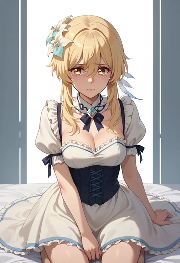 genshin impact,lumine_(genshin_impact),corset,bustier,long tulle skirt  - AI generated anime art