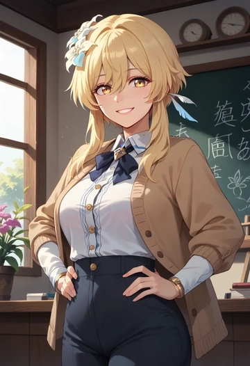 genshin impact,lumine_(genshin_impact),teacher, sweater  - AI generated anime art