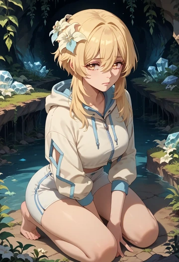 genshin impact,lumine_(genshin_impact),crop hoodie,shorts  - AI generated anime art