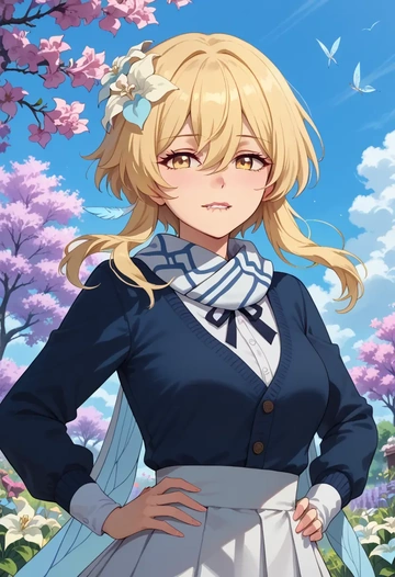 genshin impact,lumine_(genshin_impact),spring,student uniform,cardigan  - AI generated anime art