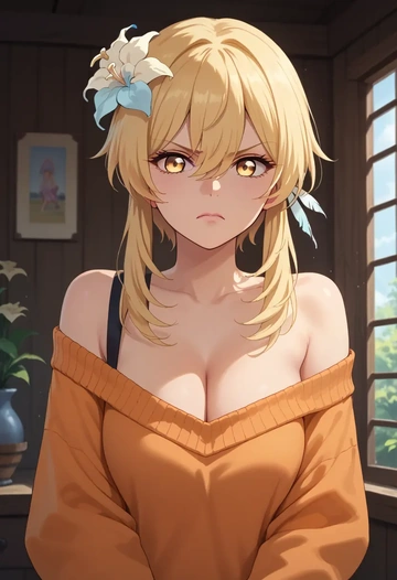 genshin impact,lumine_(genshin_impact),orange,sweater  - AI generated anime art