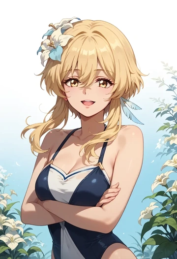 genshin impact,lumine_(genshin_impact),retro style swimsuit,frilled neckline,bow detail  - AI generated anime art