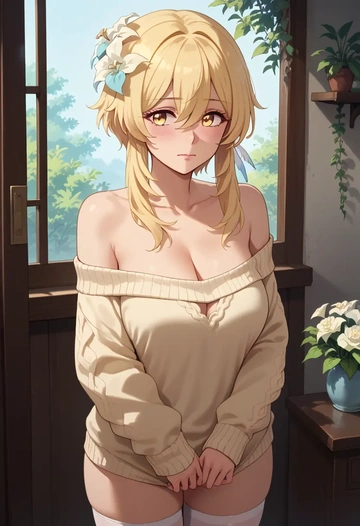 genshin impact,lumine_(genshin_impact),off-shoulder,sweater  - AI generated anime art