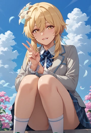 genshin impact,lumine_(genshin_impact),spring,student uniform,blazer  - AI generated anime art