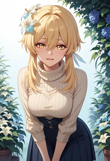 genshin impact,lumine_(genshin_impact),skirt,pleated,turtleneck sweater  - AI generated anime art